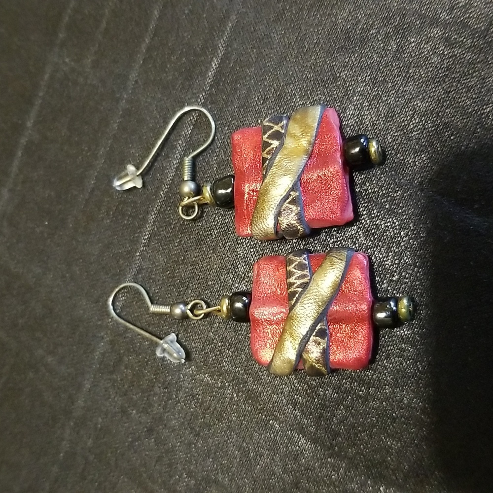 Vintage Red, Gold and Black Square Earrings